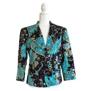 Studio JPR Blazer Jacket Turquoise Black Paisley 3/4 Sleeve Button Front Size 12